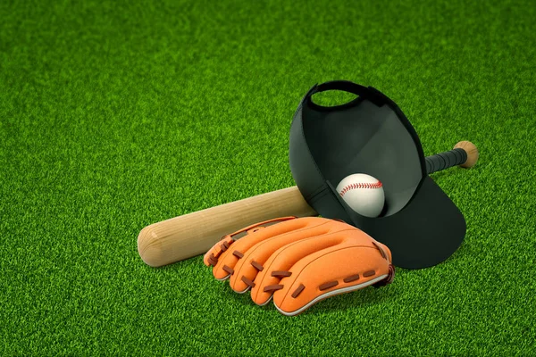 3D-weergave van een honkbal bat, een dop met een honkbal binnen en een honkbal handschoen liggend op vers groen gazon. — Stockfoto