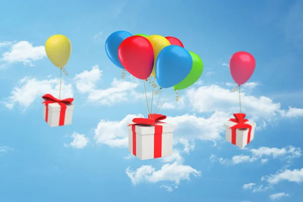 3d rendering of gift boxes with red ribbons tied to colorful balloons on blue sky background — Stock Photo, Image