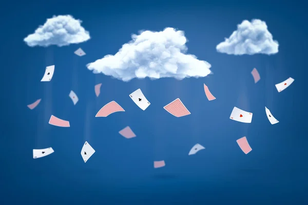 3d rendering of a lot of aces of different suits falling down on blue background with three white fluffy clouds. — Stock Photo, Image