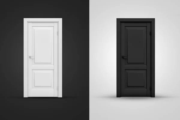 3d rendering of two contrast doors in white and black colors on background of opposite shade. — Stock Photo, Image