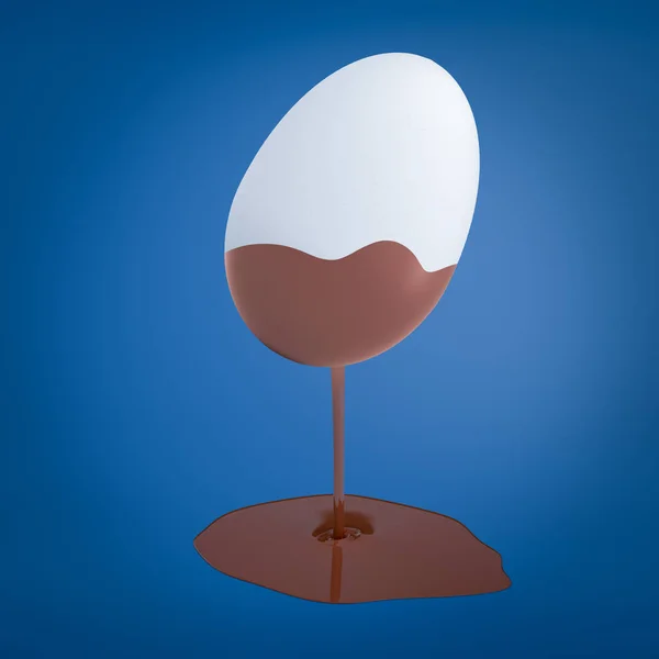 Rendering 3d di un uovo che è stato immerso nel cioccolato che sta ancora gocciolando e formando una piccola pozzanghera di cioccolato . — Foto Stock