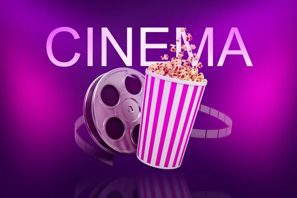 3D-Wiedergabe von Filmspule und gestreiftem Popcorn-Eimer mit Titelkino dahinter auf violettem Hintergrund. — Stockfoto