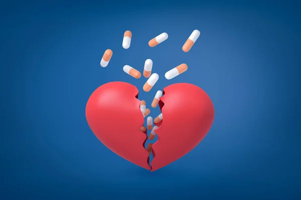 3d renderização de Valentim coração quebrado em dois com pílulas médicas voando para fora de dentro . — Fotografia de Stock