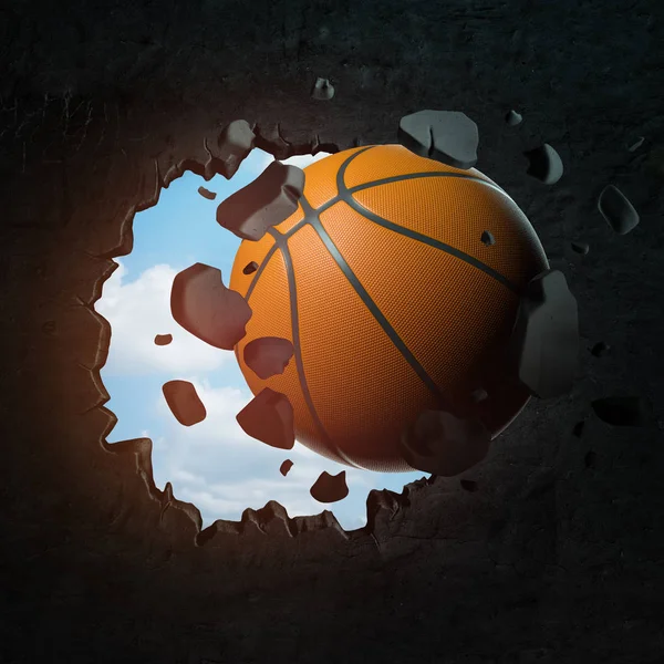 3d rendering of a basketball punching a big round hole in a black wall with blue sky seen through the hole.