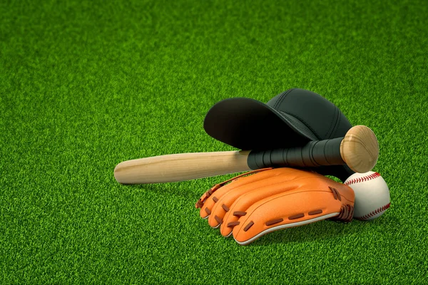 3d rendering of baseball bat, ball and gloves on green field background — Stock Photo, Image