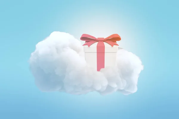 파란색 바탕에 흰 구름 위에 레드 리본 선물 상자의 3d 렌더링 — 스톡 사진