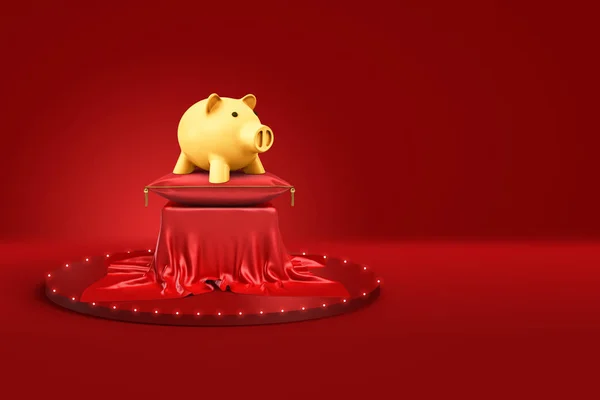 3D renderização de banco porquinho dourado na almofada vermelha e pedestal coberto com pano vermelho no fundo vermelho — Fotografia de Stock
