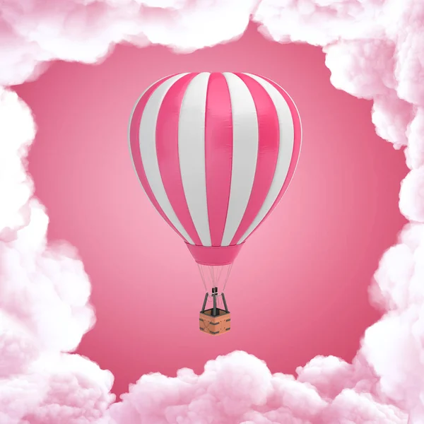 3D-rendering van witte roze luchtballon met witte wolken op roze achtergrond — Stockfoto