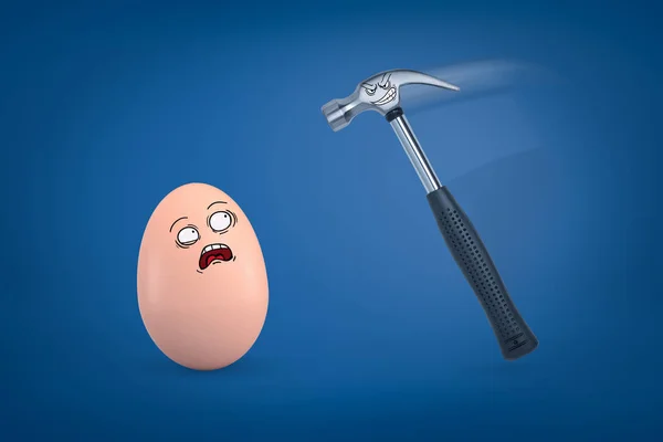 3d rendering of egg with scared cartoon face and hammer with cunning cartoon face on blue background.