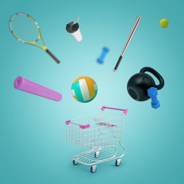 bir alışveriş sepeti ayakta katta ve her yöne saçılma çeşitli spor malzemeleri 3D render.