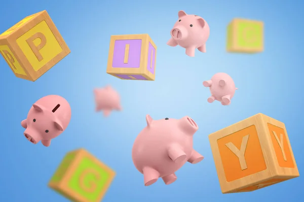 3D-rendering van reeks piggy banks en Abc blokken — Stockfoto