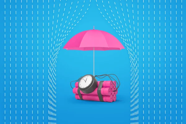 Renderowania 3D różowy dynamit wiązki z bomba zegarowa i różowy parasol, chroniąc go przed deszczem. — Zdjęcie stockowe