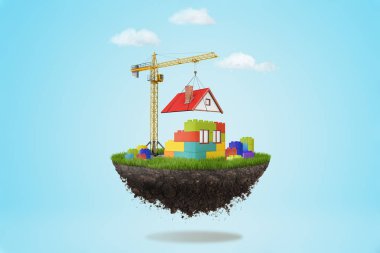 3D Render mavi gökyüzü arka plan üzerinde havada arazi parçası üzerinde lego ev üzerinde bir çatı koyarak bir bina vinç