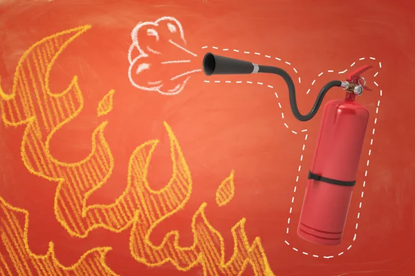 3D-Rendering eines Feuerlöschers aus rotem Schaum mit Schaum und Flammen auf orangefarbenem Hintergrund — Stockfoto