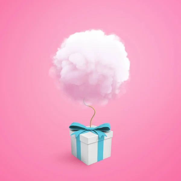 블루 리본, 핑크 배경 위에 구름으로 흰색 선물 상자의 3d 렌더링 — 스톡 사진