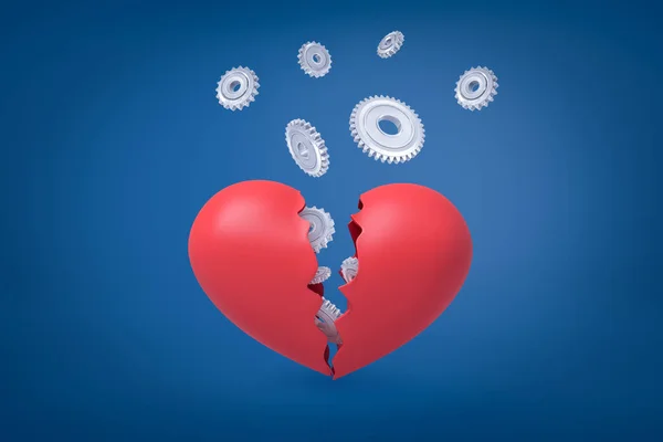 3d rendering of valentine heart broken in two with light-grey cogwheels flying out from inside. — Stock Photo, Image