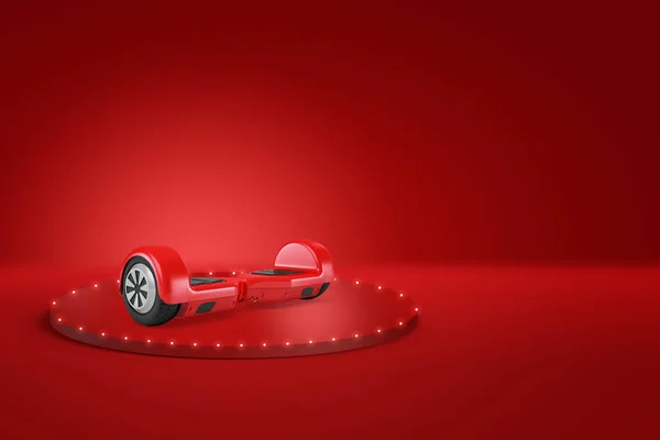빨간색 배경에 연단에 빨간 gyroscooter의 3d 렌더링 — 스톡 사진