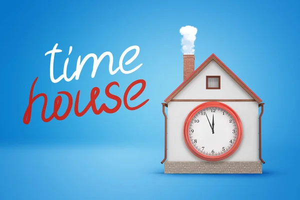 3d rendering of house with smoking chimney and big clock-face on wall and title time house on blue background.