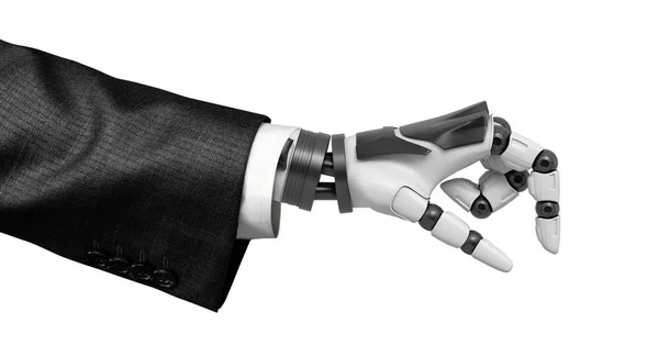 Απόδοσης 3D κινηματογράφηση σε πρώτο πλάνο ενός ρομπότ χέρι στο κοστούμι που απομονώνονται σε λευκό φόντο. — Φωτογραφία Αρχείου
