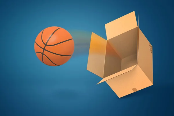 3D renderização de bola de basquete laranja voando para fora da caixa de papelão no fundo azul — Fotografia de Stock