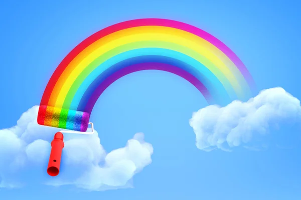 3D representación del arco iris pintado con rodillo de pintura en el cielo azul con ambos extremos en nubes blancas . — Foto de Stock