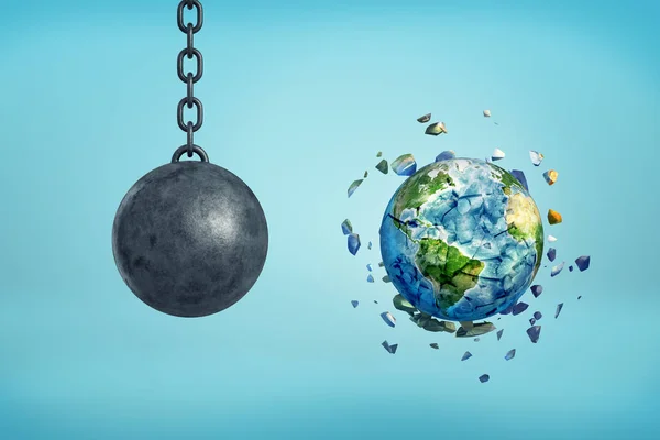 3d rendering of metal chained ball and earth sphere shattered — Stock Photo, Image