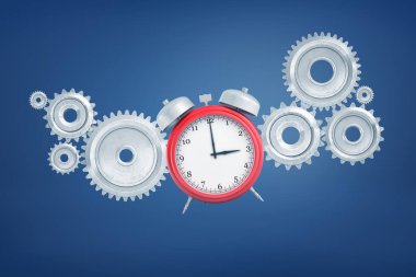kırmızı bir çalar saat havada yüzer aleladelik cogwheels çevrili 3D render.