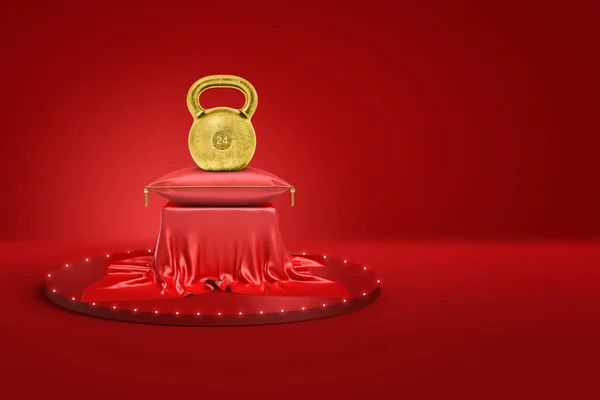 Representación 3d de peso de kettlebell dorado sobre cojín rojo y pedestal cubierto con tela roja sobre fondo rojo —  Fotos de Stock