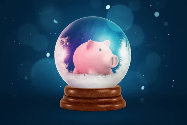 3D-weergave van een schattig roze spaarvarken binnen een glazen bal met besneeuwde vloer. — Stockfoto