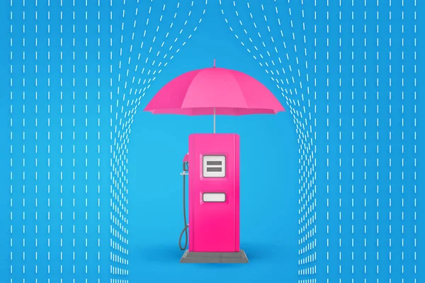 3D renderização de guarda-chuva rosa em cima da bomba de gasolina rosa com linhas de chuva desenhadas sobre fundo azul — Fotografia de Stock