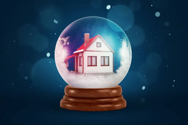 Renderowania 3D christmas snow Globe z domu, wewnątrz, na ciemnym niebieskim tle — Zdjęcie stockowe