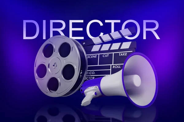 3d representación de película clapper, carrete de película y megáfono con signo DIRECTOR arriba sobre fondo azul neón — Foto de Stock