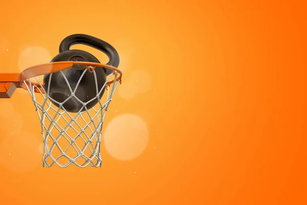 3d renderização de metal preto kettlebell no anel de basquete no fundo laranja — Fotografia de Stock