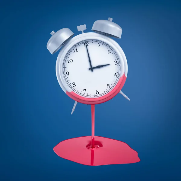 3d representación de reloj despertador de plata con pintura rosa que se derrite sobre fondo azul —  Fotos de Stock