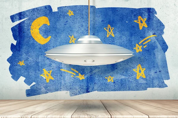 3d representación de metal plateado OVNI sobre piso de madera blanca con cielo estrellado dibujado en la pared — Foto de Stock
