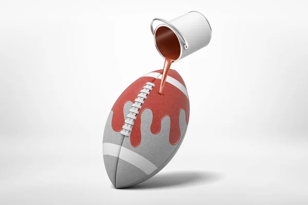 Rendering 3d di lattina di vernice in aria versando vernice marrone su palla ovale grigio per il calcio americano su sfondo bianco . — Foto Stock