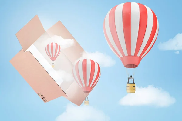 3d rendering of three striped hot-air balloons and several white clouds flying out of a big cardboard box in the blue sky.