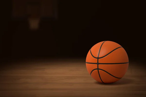 3D-weergave van een basketbal op de houten vloer van een schemerige gym. — Stockfoto