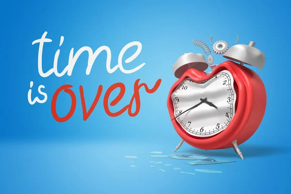 3D візуалізація червоного розбитого годинника зі знаком TIME IS OVER на синьому фоні — стокове фото