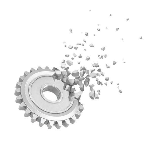 3D-rendering van grijze gear wheel verpletterende in kleine stukjes geïsoleerd op witte achtergrond — Stockfoto