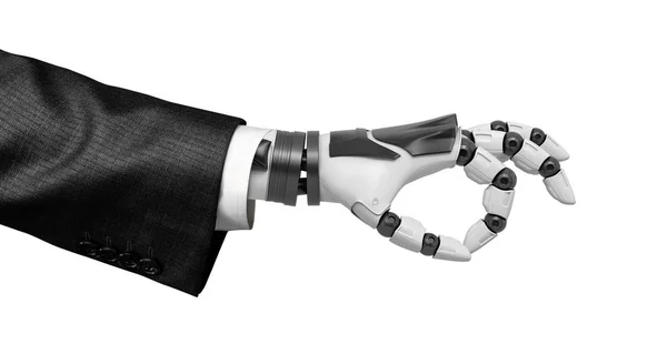 Ρομποτικό χέρι σε επαγγελματικό κοστούμι δείχνει εντάξει σύμβολο που απομονώνονται σε λευκό φόντο — Φωτογραφία Αρχείου