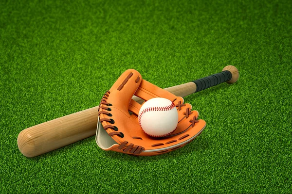 3D-rendering van honkbalknuppel, handschoen en bal op groen gras. — Stockfoto