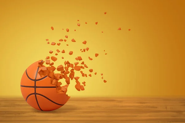 3d representación de baloncesto disolviéndose en partículas en un lado, en la superficie de madera sobre fondo amarillo con mucho espacio de copia . —  Fotos de Stock