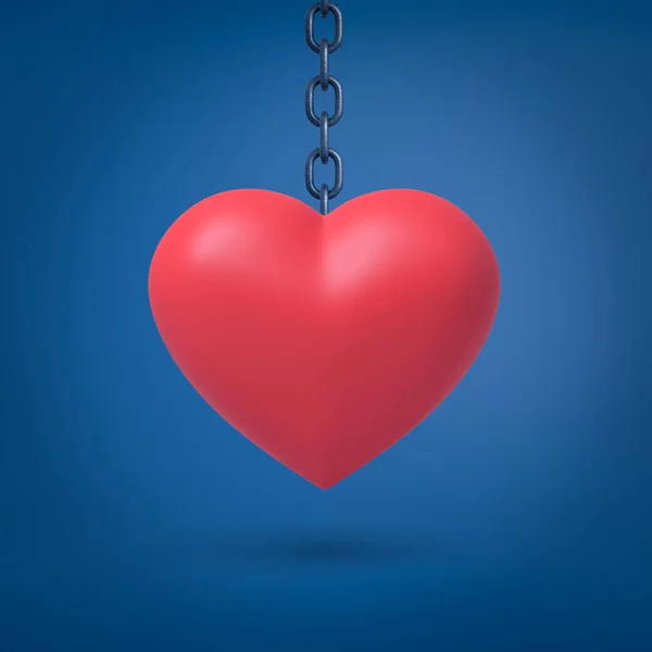 3d representación de gran corazón rojo colgando en cadena de metal sobre fondo azul — Foto de Stock