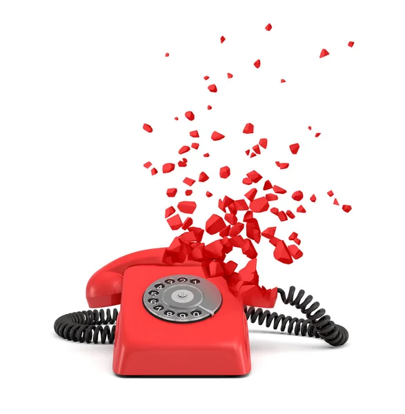 3d renderização de vermelho vintage telefone quebrando em pequenos pedaços no fundo branco — Fotografia de Stock