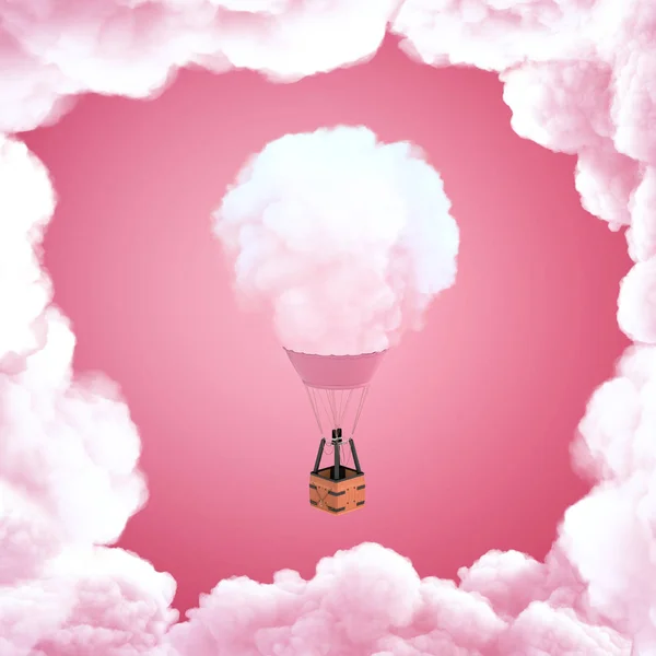 핑크 바탕에 흰 구름과 구름 뜨거운 공기 풍선의 3d 렌더링 — 스톡 사진