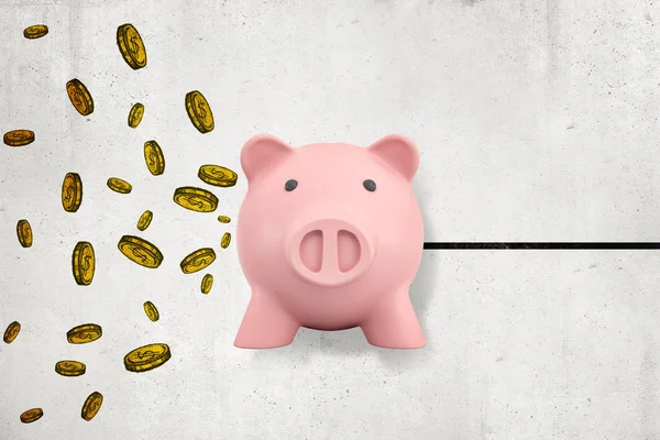 3d rendering of front view of cute pink piggy bank in air against wall with coins and black line drawn on the wall.