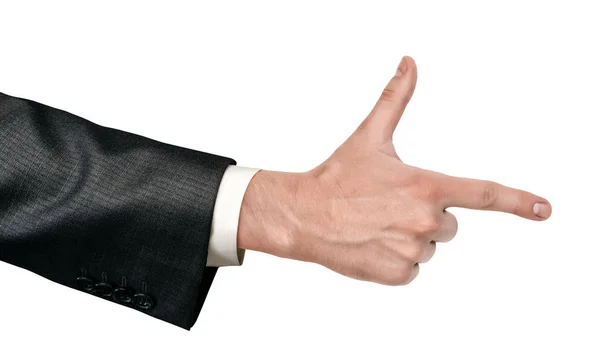 Männliche Hand im Business-Anzug macht eine Hand Shooting Geste isoliert auf weißem Hintergrund — Stockfoto