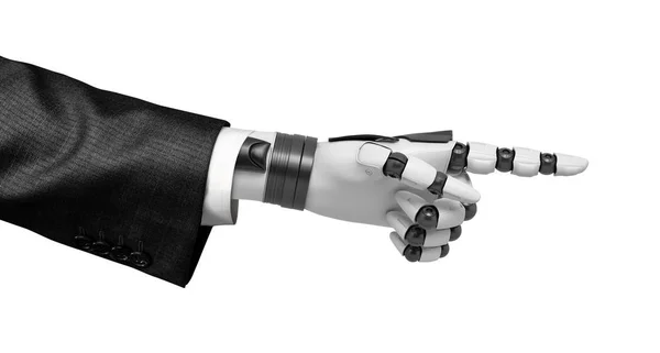 Γκρο πλαν απόδοσης 3D ρομπότ χέρι στο κοστούμι που δείχνει προς τα εμπρός με το δάχτυλο δεικτών που απομονώνονται σε λευκό φόντο. — Φωτογραφία Αρχείου