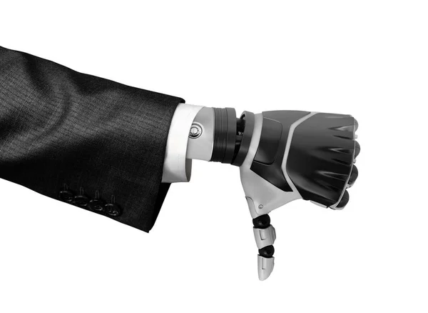 비즈니스 정장에 고립 된 흰색 배경 아래로 엄지손가락을 보여주는 로봇 핸드의 3d 렌더링 — 스톡 사진